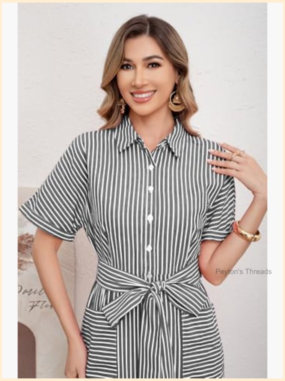 Striped Button Down Maxi Dress with Belt Pockets Short Sleeve A-Line Cotton - Picture 6 of 7